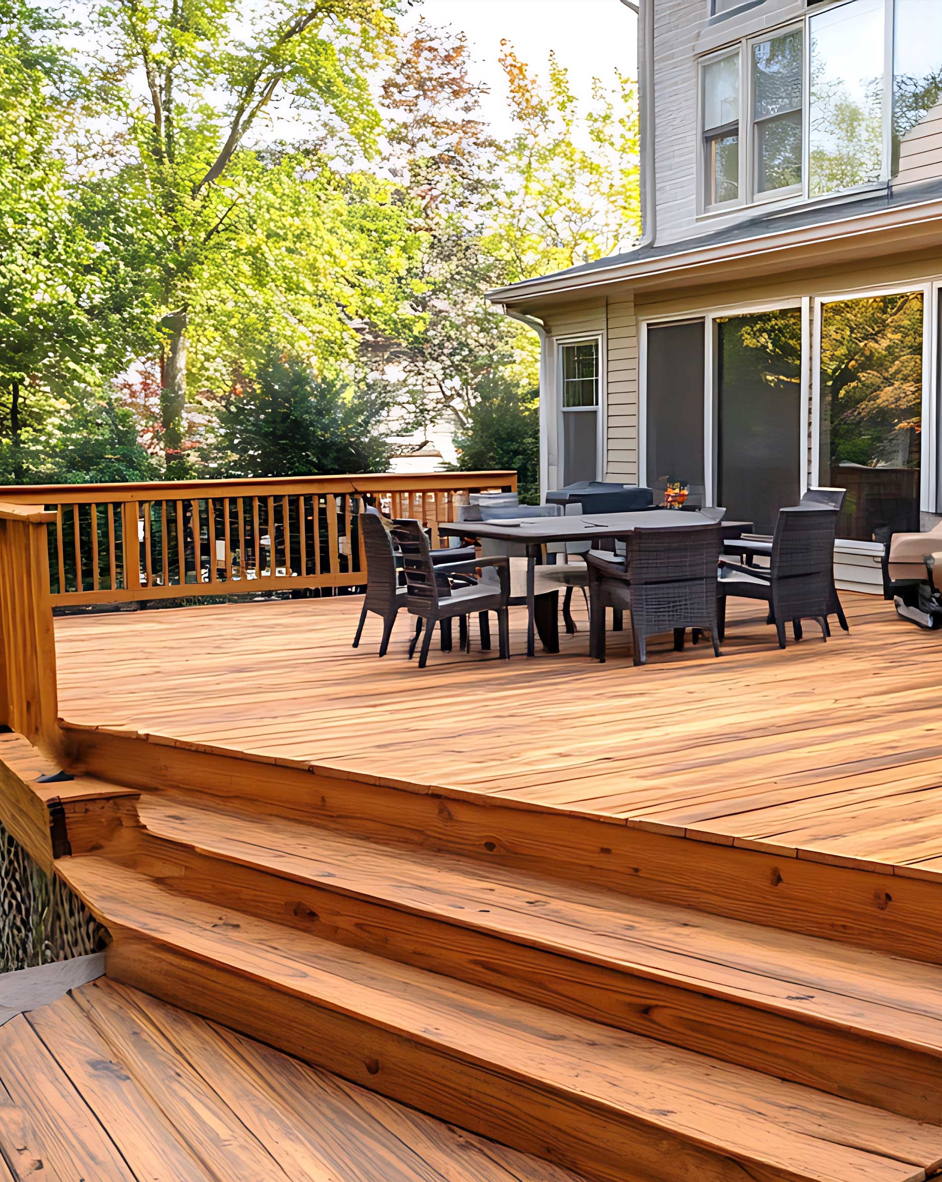 Nice relaxing wooden deck surronded by green trees